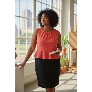 Enfocus Women Coral Black Peplum Sheath Dress 16W Textured Colorblock 91304N